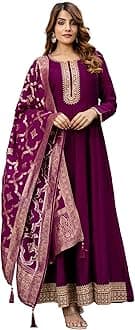 TRENDMALLSWomen's Vichitra Silk Anarkali Suit Set with Jacquard Dupatta for Women Kurta Set for Women