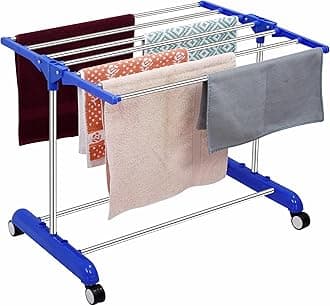 premuno Stainless Steel 1 Tier Cloth Drying Stand | Laundry Drying Rack with Wheels | 1 Layer Clothes Stand for Drying | Heavy Duty Single Pole Cloth Stand for Balcony