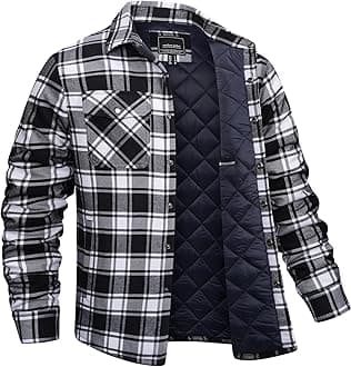 Men's Flannel Shirt Jacket Quilted Lined Plaid Coats Warm Winter Jacket Thick Button Down Coat with 5 Pockets