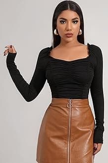 Shasmi Women's & Girl's Polyester Slim Fit Full Sleeve, Sweat Hear Neck, Frill Trim Ruched Crop Top