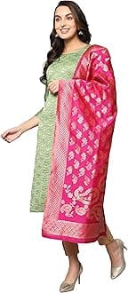 VredeVogelWomen's Cotton Silk Blend Straight Kurta with Banarasi Silk Dupatta