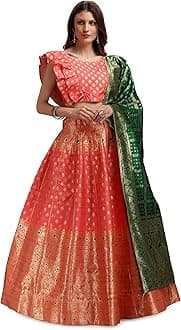 PURVAJA Women's Jacquard Semi-Stitched Lehenga choli(Khwab), Navy-Blue, One Size