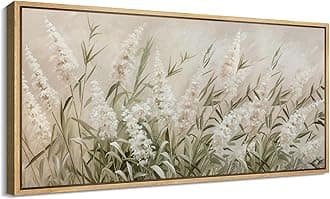 SIGNFORD Extra Large Framed Canvas Print Wall Art Soft White Floral Field Tranquil Illustrations Modern Art Calm Warm for Living Room, Bedroom, Office - 60"x30"