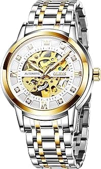 OLEVS Gold Skeleton Men's Automatic Mechanical Watches Self Winding Luxury Dress Shiny Diamond Stainless Steel Waterproof Luminous Wrist Watches