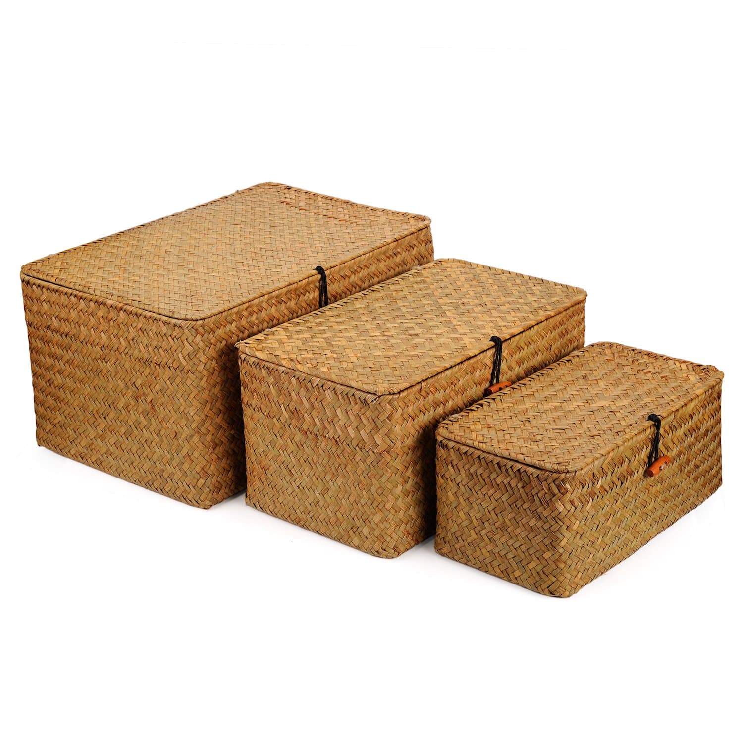 Seagrass Storage Baskets with Lid Natural Rattan Woven Rectangular Organizer Box Set of 3 (Large+Medium+Small)