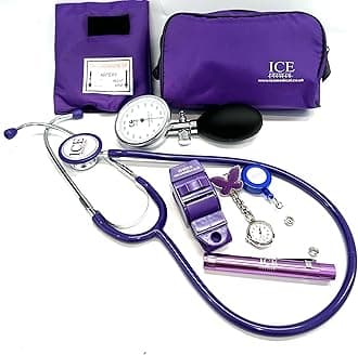 Aneroid Blood Pressure Sphygmomanometer Monitor, Stethoscope, Pen Light (Pen Torch), Tourniquet, Nurse Watch, Lanyard ID Card Holder - Starter Set (Purple with Butterfly Watch)
