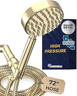 Solid Metal LOW FLOW Handheld Shower Head with Hose and Brass Holder - POLISHED BRASS – Water Saving 1.75 GPM Detachable Shower Head - Adjustable Shower Wand Bracket & 6ft Hose