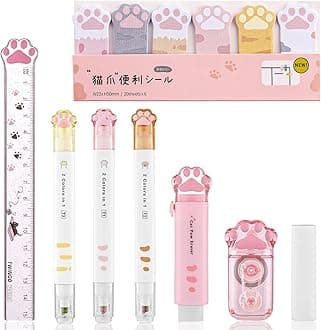 8 Pcs Cute Cat Paw Stationery Set Kawaii School Office Supplies Including Eraser Correction Tape Highlighters Sticky Notes Ruler for Cat Lovers Students (Pink)