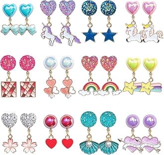 12 Pairs Clip On Earrings Girl Party Favor Princess Clip on Earrings Pretend Play Unicorn Earrings for Little Girl Kids Toddlers Jewelry Set