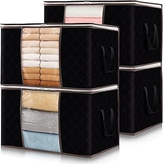 Lifewit 4 Packs Clothes Storage Bag, Storage Bins for Clothes, Blankets, Comforters, Foldable Clothing Storage with Reinforced Handle, Sturdy Zipper, Closet Organizer With Clear Window, Black
