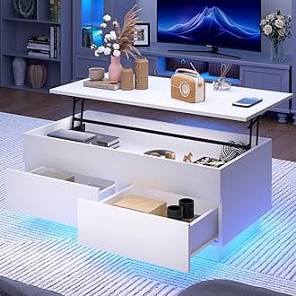 HOMMPA Lift Top Coffee Table with LED Light Morden Coffee Table with Storage High Gloss White Coffee Table for Living Room Tea Table with Storage Center Tables Hidden Compartment & 2 Drawers