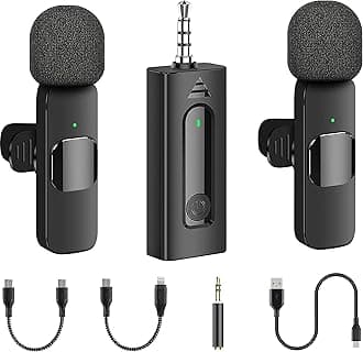 2 Pack Wireless Mini Lavalier Lapel Microphone for iPhone,Android Device(4 in 1) - 65ft Cordless Clip on Dual Mics with Noise Reduction 6H Working Time for Video Recording Vlogging, YouTube, Interview