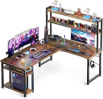 ODK59 Inch L Shaped Gaming Desk with Hutch, Computer Desk with Storage Shelves, L Shaped Desk for Home Office, Corner Desk with Headphone Hook, Vintage