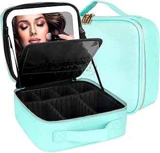MOMIRA Travel Makeup Bag Cosmetic Bag Makeup Organizer Bag with Lighted Mirror, Adjustable Brightness in 3 Color Scenarios, Waterproof Makeup Train Case, Gift for Women - Aqua Blue