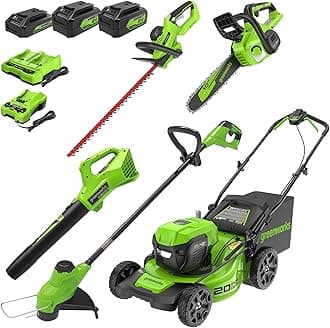 Greenworks 48V (2 x 24V) 20" Cordless Trimmer 12" Strimmer 320CFM Blower 10" Chainsaw and 22" Hedge Trimmer
