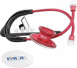 MDF Acoustica Lightweight Stethoscope for Doctors, Nurses, Students, Home Health Use, Adult, Dual Head, Black Tube, Red Chestpiece-Headset, MDF747XPR11