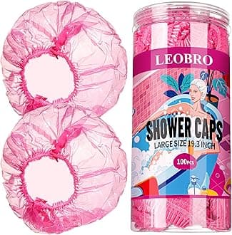 LEOBRO Disposable Shower Caps, 100PCS Large Shower Cap, Plastic Shower Caps for Women Disposable, Thick Plastic Caps for Hair Treatment, Large Size 19.3 INCH, Pink