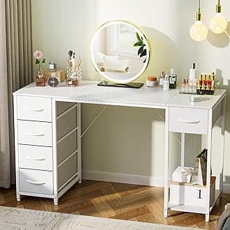 LUCKRACER Vanity Desk with 5 Fabric Drawers & Storage Shelves, Makeup Dressing Table, Computer Desks for Home Office Bedroom, White, No Mirror
