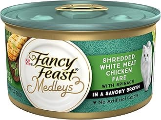Purina Fancy Feast Wet Cat Food Medleys Shredded White Meat Chicken Fare With Spinach in Savory Cat Food Broth - (Pack of 24) 3 oz. Cans