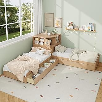 SOFTSEA L-Shaped Twin Size Bed with Trundle and 2 Storage Drawers, 3 in 1 Low Corner Platform Bed Frame with Desk for 3 Kids, Wood L-Shaped Day Bed with Bookcase, Easy Assembly, Natural