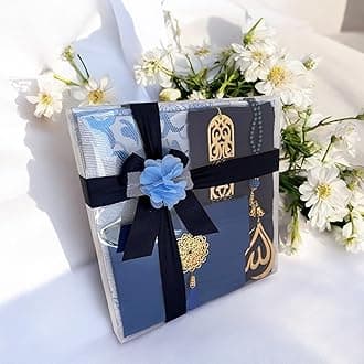SAIKA Muslim Prayer Rug, 7 in One Gift Set, Prayer Mat Surah Book, Tasbeeh, Scarf, Surah Case, Bookmark, Car Mirror Hanger, Prayer Beads,Islamic Gift for Umrah, Hajj, Wedding, Janamaz (Blue)