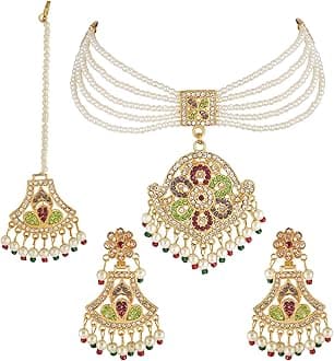 Jwellmart Gold Polish CZ Stone Faux Pearl Wedding Jadau Jewelry Style Necklace Earrings Maang Tika Tikka Combo Set Bollywood Party Fashion Indian Jewellery Set for Women and Girls