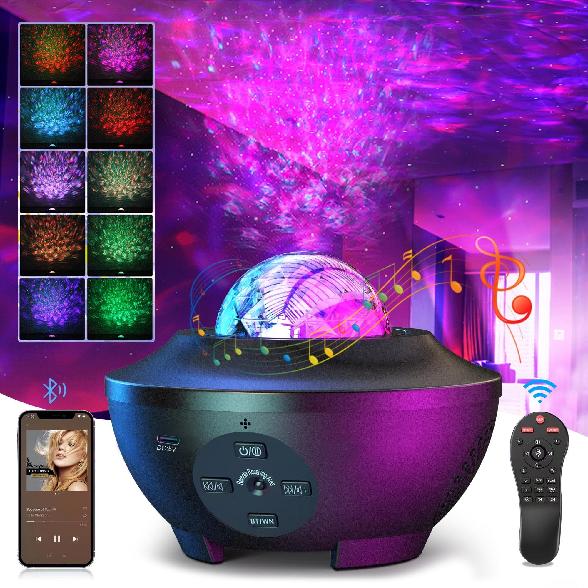 Star Galaxy Light Projector Ocean Wave LED Night Light Lamp with Remote Control Colors Changing Music Bluetooth Speaker Timer for Baby
