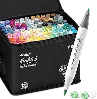Ohuhu Alcohol Brush Markers 120 Colours, Double Tipped (Brush & Fine Tip) Sketch for Artist Art Markers for Adult Coloring and Illustration, Bonus 1 Blender