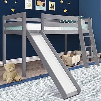 Bunk Beds For Kids, 3ft Single Bunk Bed, Mid Sleeper Beds For Kids, Cabin Bed Solid Pine Wood Single Bed Frame With Slide, Loft Bed Sleeper For Children, Grey 198(L) X 97(W) X 110cm(H)