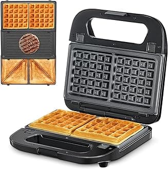 Reemix 3-in-1 Waffle, Grill & Sandwich Maker, Panini Press Grill and Waffle Iron Set with Removable Non-Stick Plates, Perfect for Cooking Grilled Cheese, Tuna Melts, Burgers, Steaks and Snacks, Black (3 in1 Sandwich Maker With Plastic Handle)