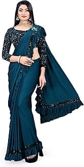 MOHIT CREATIONS Women's Party wear Pure Original Lycra Ruffle Saree With Unstitched Blouse
