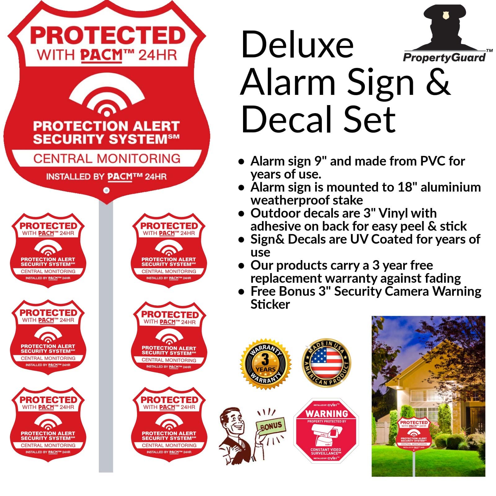 Home Alarm Yard Sign on Post Plus 6 Matching Security Stickers Bonus Security Camera Sticker