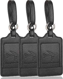 3 Pack Luggage Tags - Quick Install, Privacy Protection, Airplane Travel Essentials for Suitcases, Durable Leather - Lichee Black