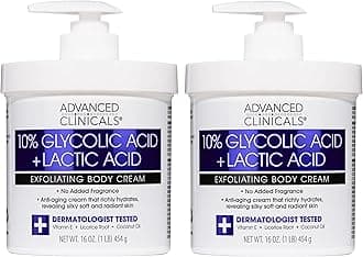 Advanced Clinicals 10% Glycolic Acid + Lactic Acid Lotion Exfoliant Moisturizing Cream With Hyaluronic Acid Moisturizer | AHA Exfoliating Body Cream Improves Look Of Uneven Rough Skin Texture, 2-Pack