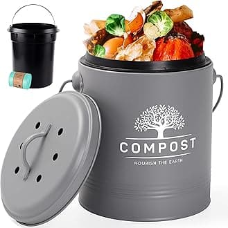 Perfnique Kitchen Compost Bin, 1.3 Gallon Countertop Compost Bin with Lid, Indoor Compost Bucket Includes Inner Bucket Liner and Carbon Filter, Small Compost Bin with Trash Bags (with Bags, Grey)