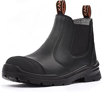 Work Boots for Men Steel Toe Slip On Waterproof Safety Boots Mens Slip Resistant Work Shoes Leather Safety Toe Shoes Mechanic Restaurant Garden