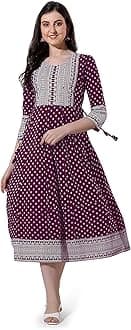 MIRCHI FASHION Women's Cotton Relaxed Fit A Line Sequins Embroidery Work Foil Printed A-Line Kurti Only