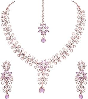 Atasi International Women Gold Plated Purple Crystals Ad Diamond Necklace Set With Earrings And Maang Tikka, Suitable For Bridal, Wedding, Party (Pu1965)
