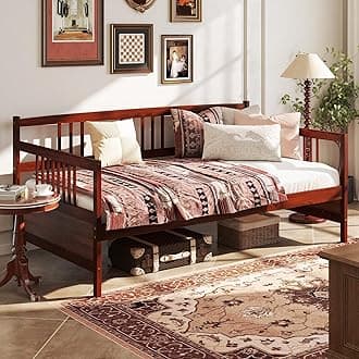Giantex Twin Daybed Frame, Wooden Sofa Bed Guest Bed with Rails & Wood Slat Support, Dual-use Twin Size Platform Bed Frame for Living Room Bedroom, No Box Spring Needed, Cherry