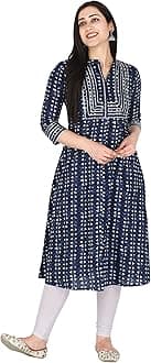 Women Pure Cotton Ethnic Motif Print A-line Straight Kurta Jaipuri Sanganeri Printed 3/4 Sleeve Kurti for Casual Party & Festival Wear for Girls & Womens