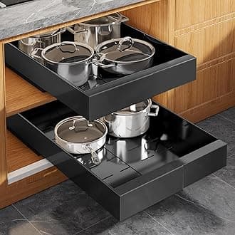 2 Pack Expandable Pull Out Cabinet Organizer 21" Deep with Raising Pad for Framed Cabinets,Upgrade 3 Slide Rails Slide Out Drawers,Roll Out Shelves Adhesive,Adjustable Width 9"-14.1" Black