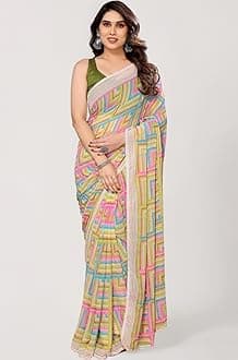 RAJESHWAR FASHION WITH RF Women's Printed Georgette Sarees For Ladies & College Girls Farewell With Lace Border & Blouse