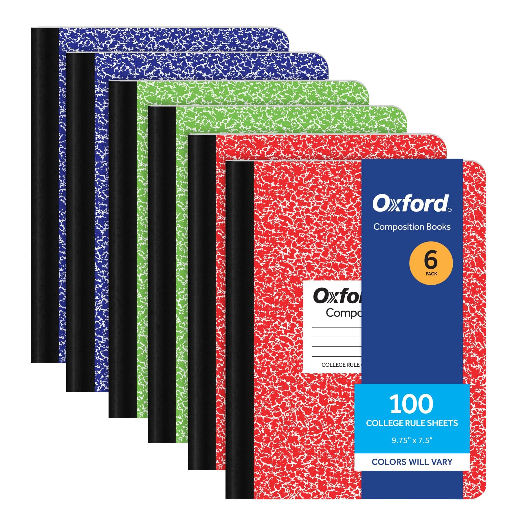 Composition Notebook 6 Pack, College Ruled Paper, 9-3/4 x 7-1/2 Inches, 100 Sheets, Assorted Marble Covers. 2 Each: Blue, Green, Red (63763)