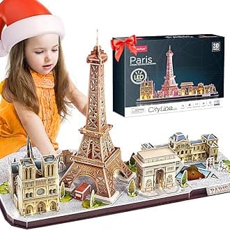 CubicFun 3D Puzzles for Kids Adults LED Paris City Architecture Model Kits, Eiffel Tower, Notre Dame de Paris, The Louvre, Arc de Triomphe Jigsaw Puzzles Birthday Gifts for Boys Girls Her Him