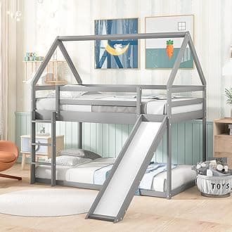 Harper & Bright Designs Twin Over Twin House Bunk Bed with Convertible Slide and Ladder, Wooden Floor Bunk Bed for Kids (Gray)