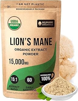 Numami Organic Lions Mane Mushroom Extract Powder | Double Extraction for High Potency | Easily Dissolves in Daily Tea Coffee or Smoothie to Enhance Cognitive FunctionUSDA Organic