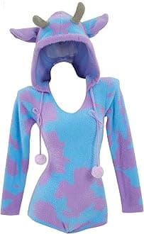 MobbunnyWomen's Fuzzy Knit Sweater Pajamas Pink Cow Print Jumpsuit Fluffy Hooded Romper Bodysuit Onesies Pajamas Adult