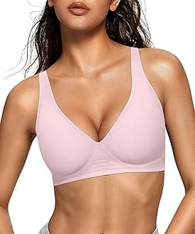 OEAK Womens Deep V Bras Wireless Comfortable Bra Supportive No Underwire Bras Tshirt Push Up Bralettes Plunge Seamless Bra XXL Pink