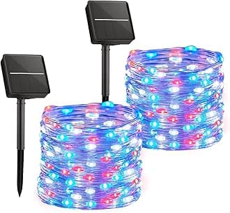 Brightown 4th of July Decorations Outdoor, 2 Packs Total 66Ft 200 LED Red White and Blue Solar String Lights Outdoor for Independence Day