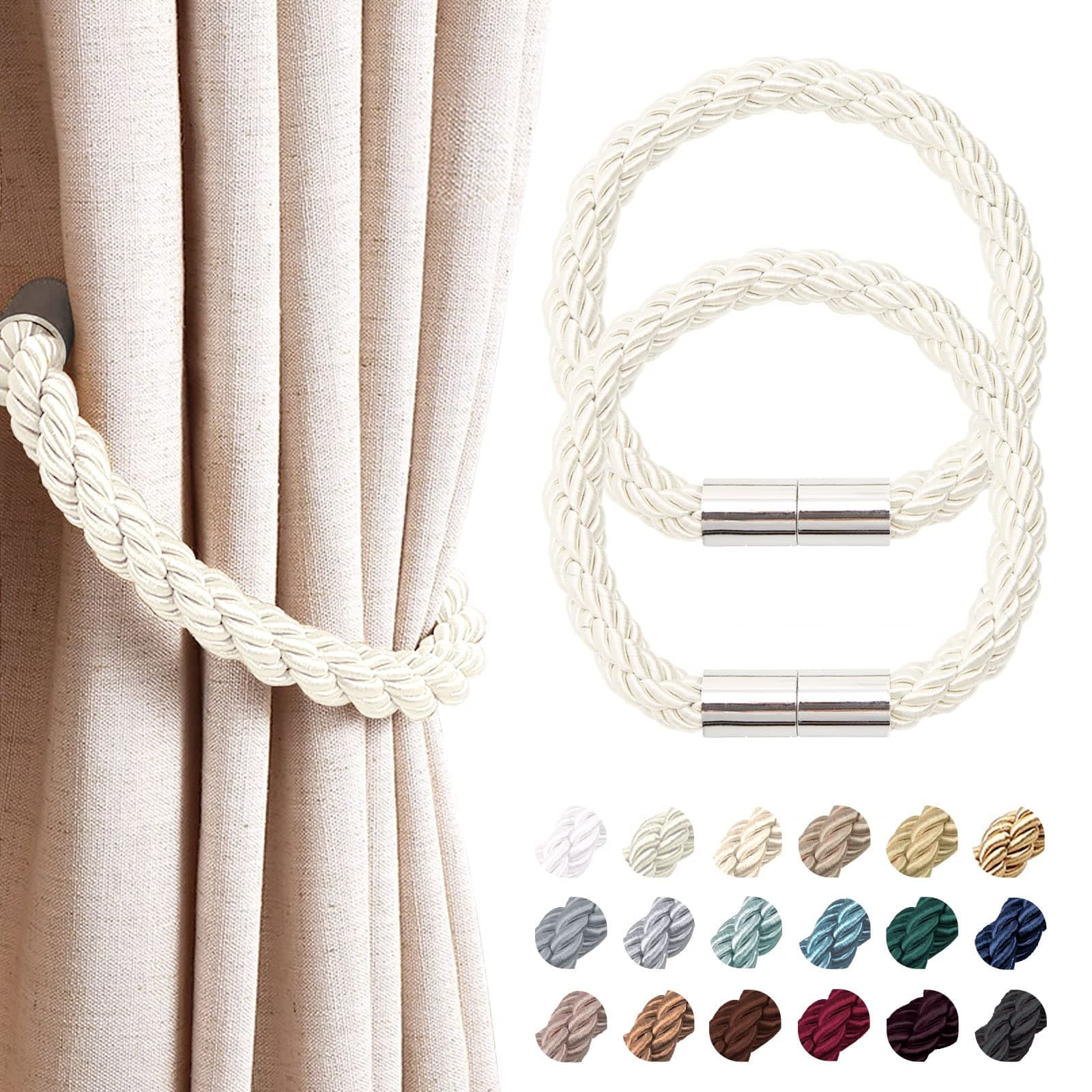 NICEEC 2 Pack Strong Magnetic Curtain Tiebacks Modern Simple Style Drape Tie Backs Convenient Decorative Weave Rope Curtain Holdbacks for Thin or Thick Home & Office Window Draperies (Cream)